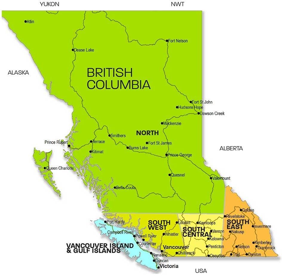 Mapa de columbia británica rexións
