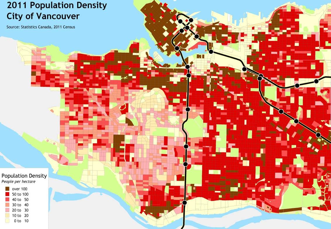 Mapa de vancouver island densidade de poboación