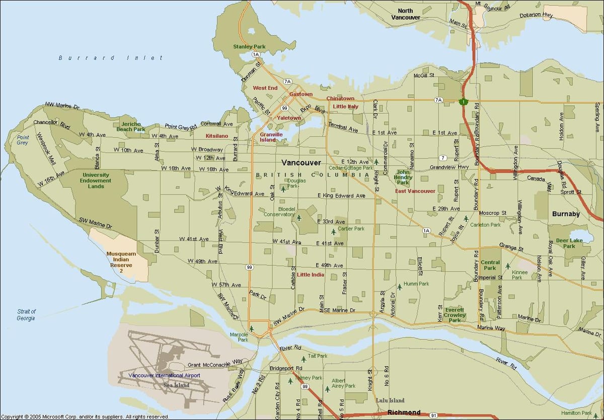 Mapa de rúa de vancouver bc canadá
