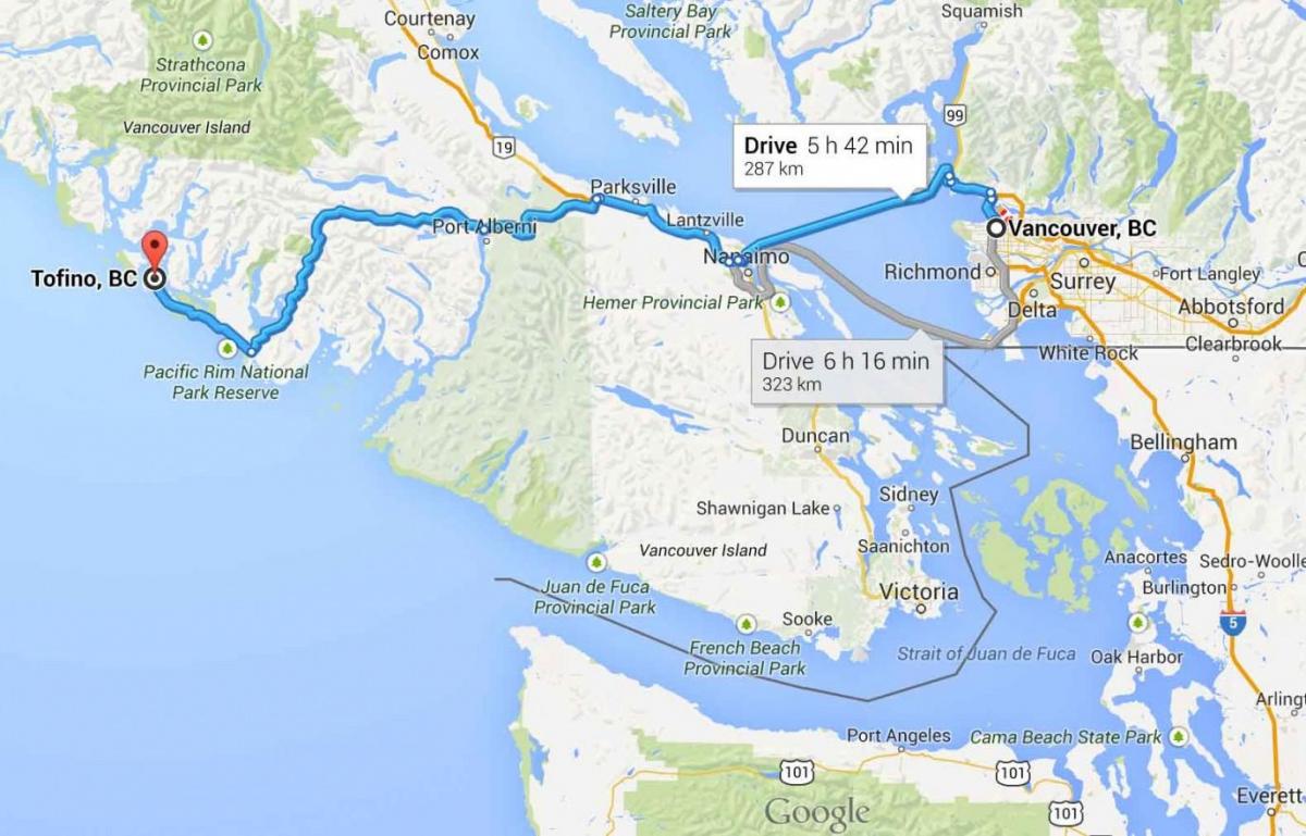 Mapa de tofino illa de vancouver