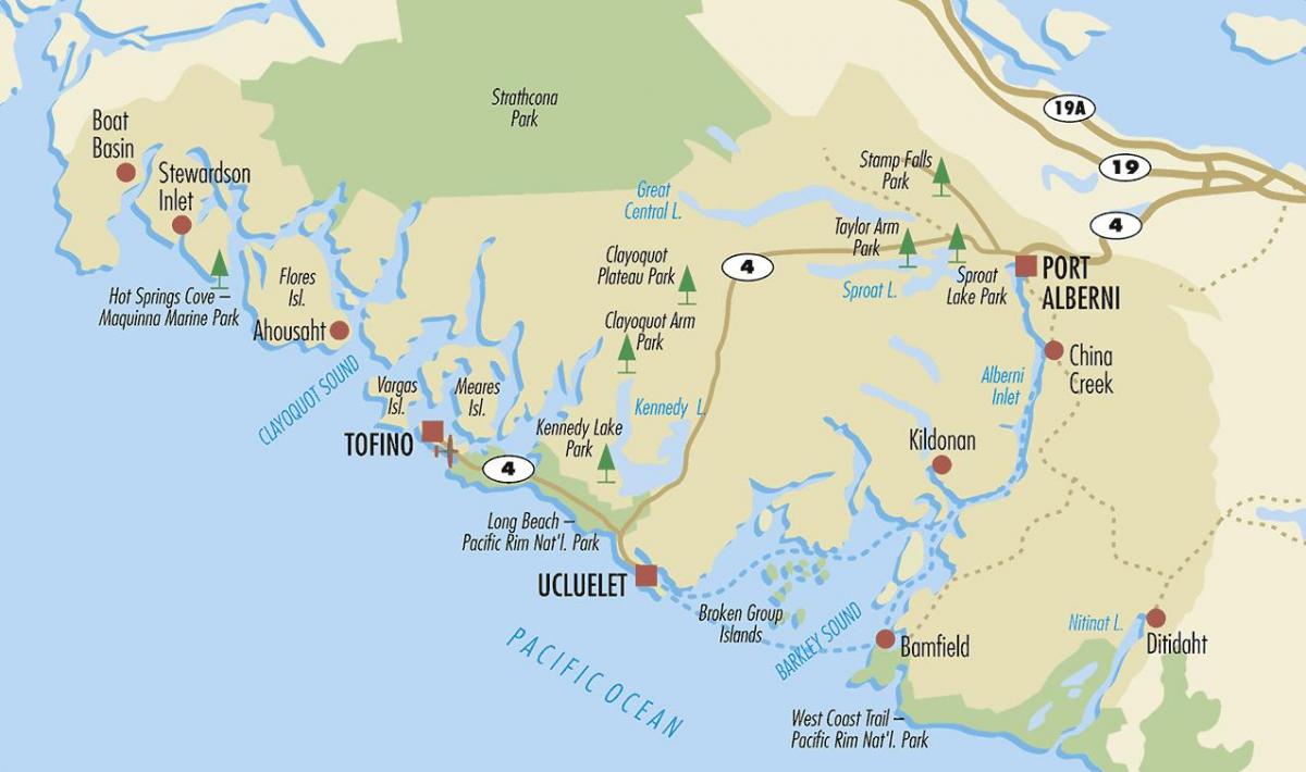 Mapa de ucluelet illa de vancouver