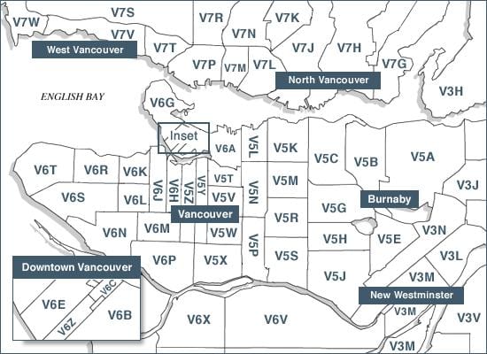 illa de vancouver códigos postais mapa